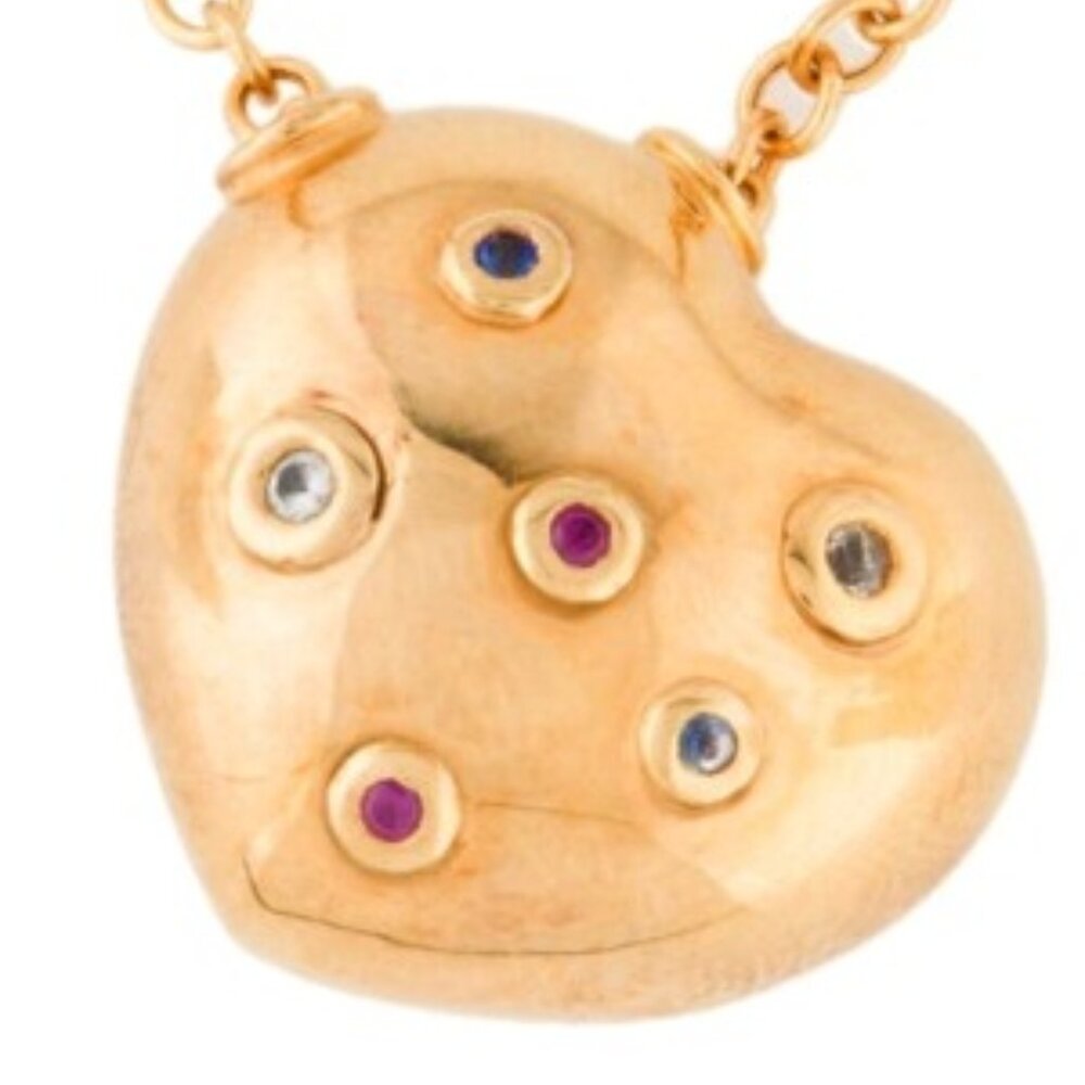 14K YELLOW GOLD RUBY & SAPPHIRE PUFFED HEART PENDANT NECKLACE